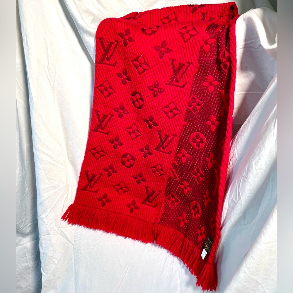EUC Louis Vuitton Logomaia Red Monogram Wool & SilkScarf